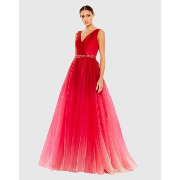 Mac Duggal Size 6 Red Ombré 20378 Beaded Belt Sleeveless Ball Gown Prom Dress - Picture 1 of 12